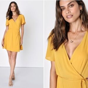LULU's Sexy Sophisticated Mini Mustard YellowWrap Dress • Small NWOT